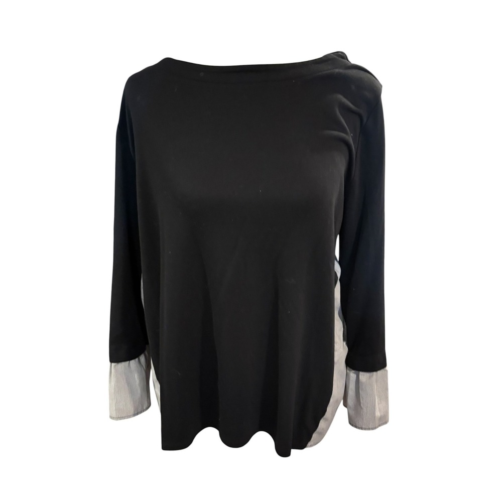 Loft Black Mixed Media Pinstripe Back Peplum 3/4 Sleeve‎ Top Large #1110